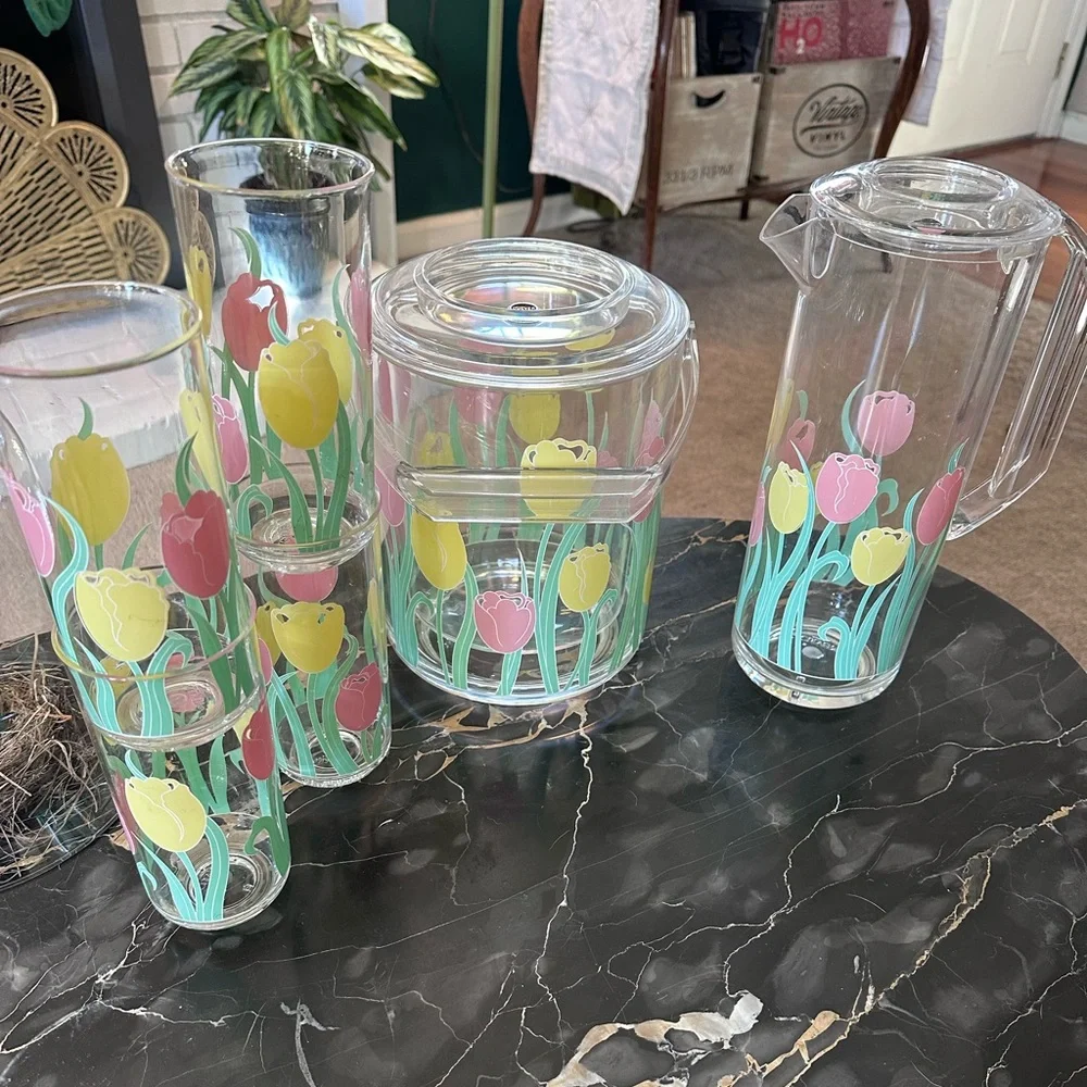 Vintage Culver Acrylic Spring Tulips 🌷 Patio Set Tumblers Ice Bucket Pitcher